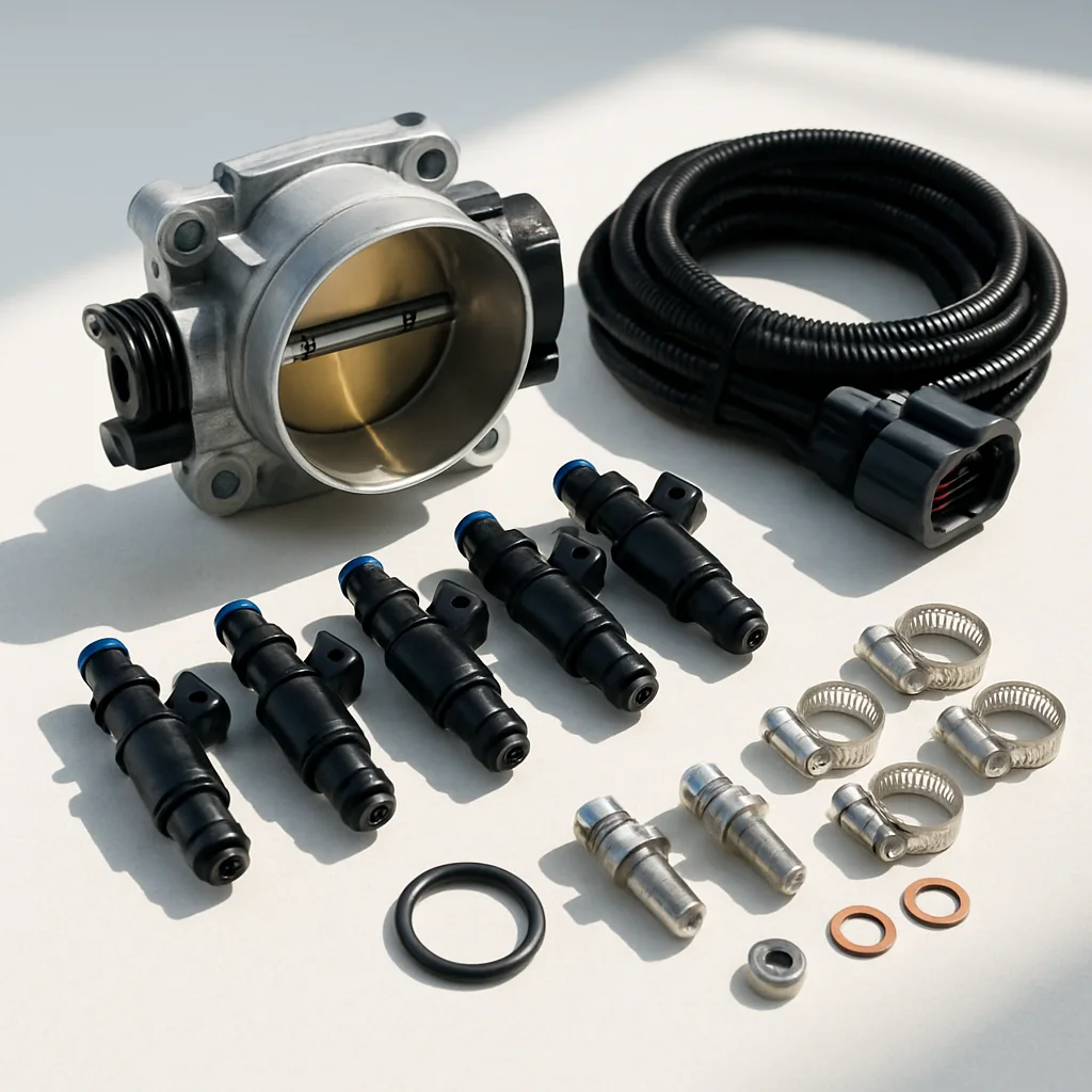 A classic muscle car engine bay mid-EFI conversion, throttle body mounted on a freshly painted intake manifold, AN fuel lines routed cleanly, wideband O2 sensor wiring visible, shop lighting overhead